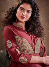 Maroon Triva Silk Embroidery Anarkali Gown